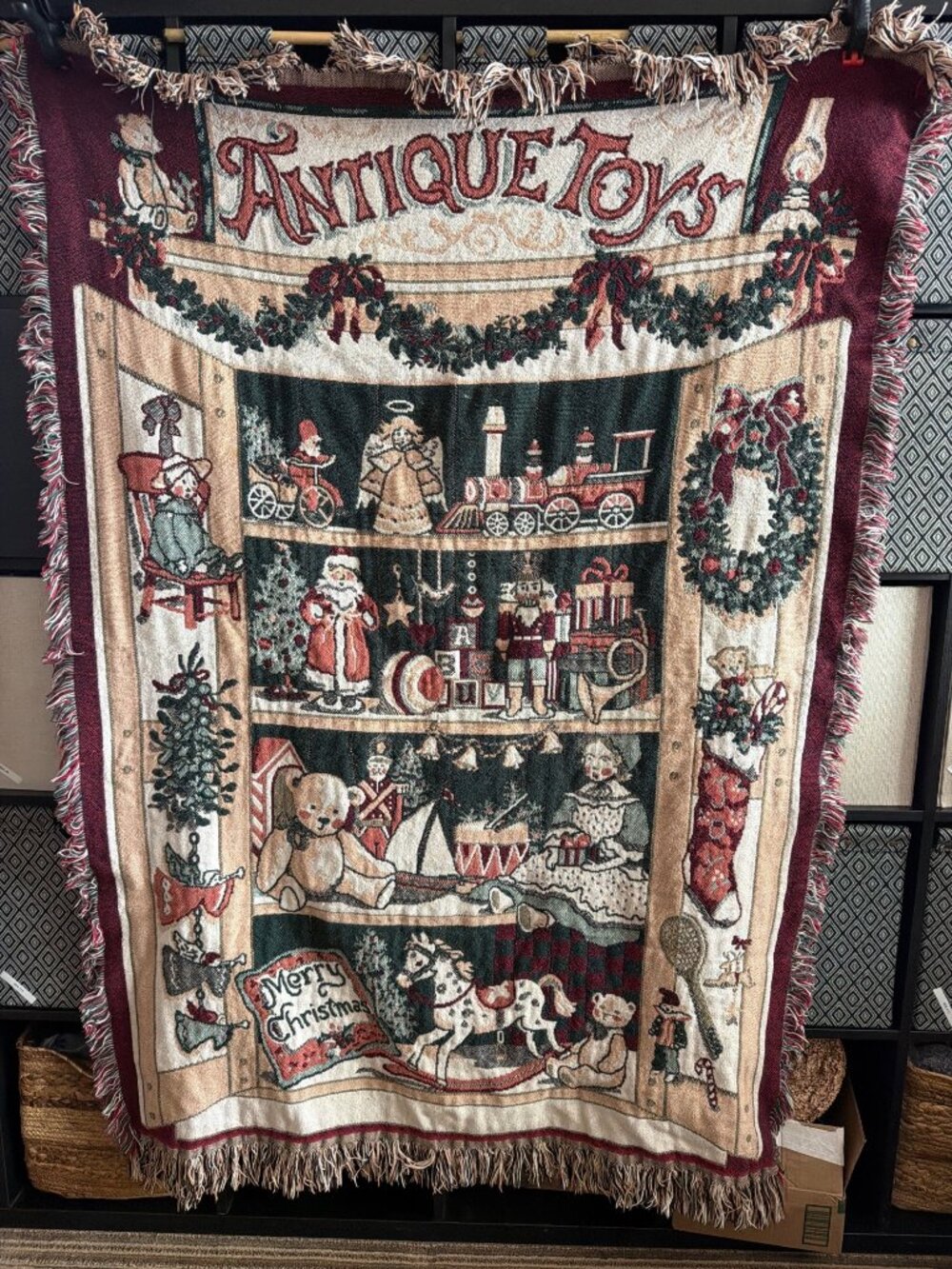 Vintage Fieldcrest Antique Toys Cotton Christmas Tapestry Throw Blanket 46 X 68